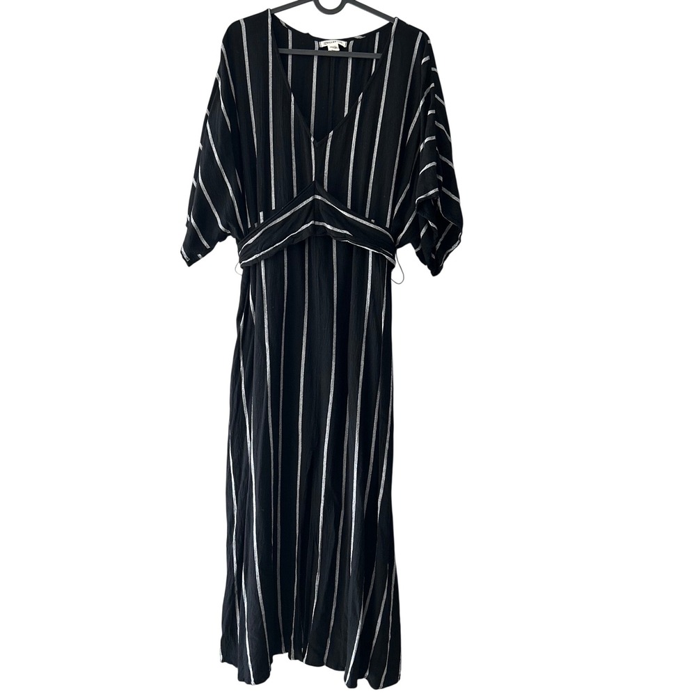 Billabong Beach Cover Up Boho Dress Maxi Medium Black White Stripe Empire Waist